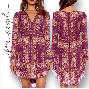 Free People Bridgette Floral Dress Long Sleeve Berry Hi Lo Hem size Medium